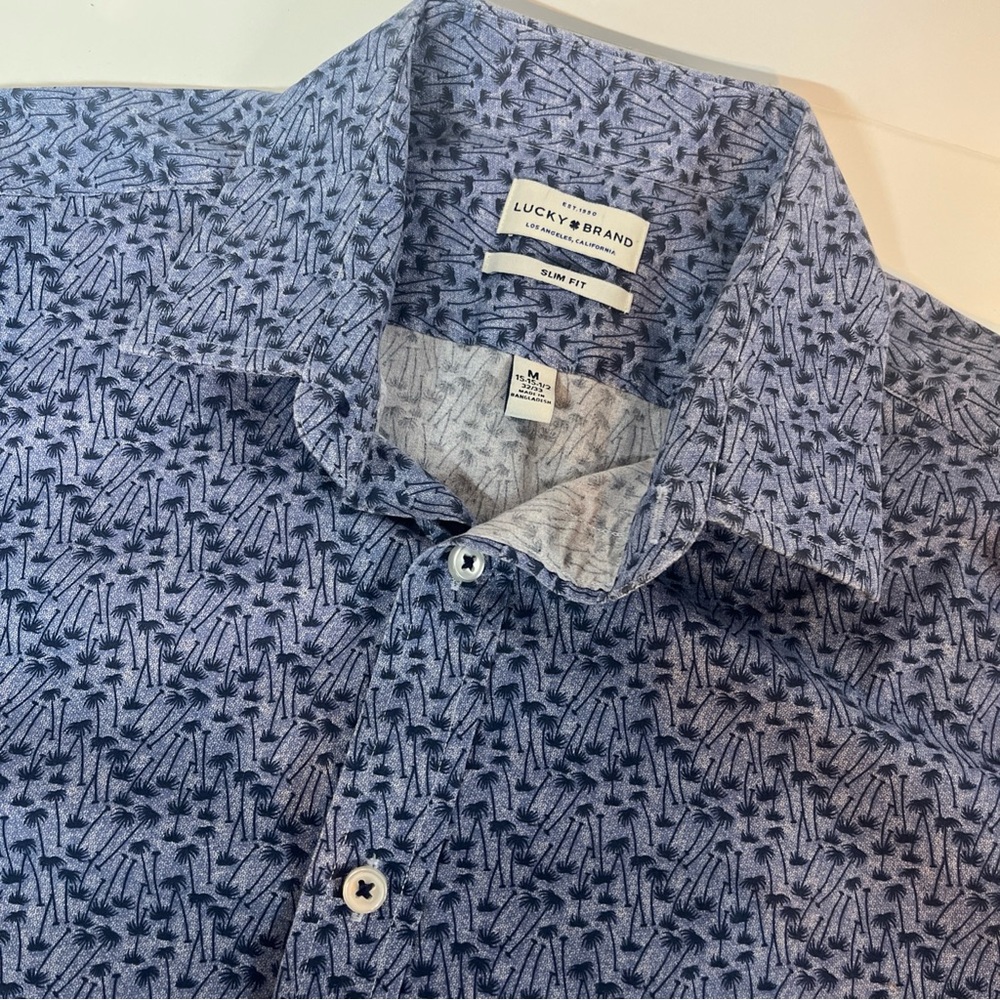 Lucky Brand Slim Fit Medium Long Sleeve Button Down Shirt Blue Palm Trees